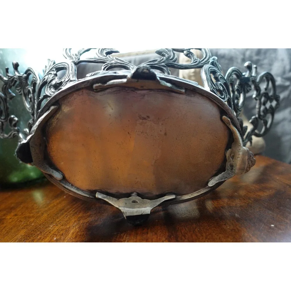 vintage pewter oval Victorian basket‎ ornate decor metal freestanding